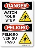 SmartSign S-4743-PL-14 "Danger: Watch Your Step" Plastic Sign, Bilingual with Graphic, 10" x 14", Black/Red on White