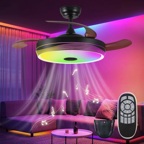 SILVER SWAN 48'' Retractable Ceiling Fan with Light and APP/Remote Control, Fandelier Modern Smart Ceiling Fan with Bluetooth Speaker, RGB Color, 6 Speed, LED Dimmable&Memory,Black by SILVER SWAN - Used condition - Image 9