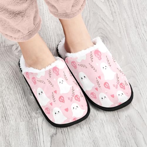 Cute Halloween Ghost Skull Plant Pink Indoor Slippers for Women and Men, Washable Non-Slip Home Shoes with Storage Bag for Travel Spa A23045103