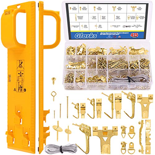 Glarks 307Pcs Picture Hanging Kit Picture Frame Hanger Tool with Level Ruler and 306Pcs Nails Hooks Hanging Wire Screw Eyes D Ring and Sawtooth Hanger for Frame Hanging Wall Mounting