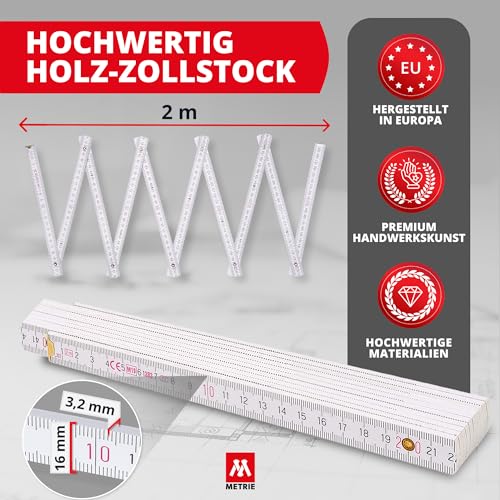 Foto von Metrie™ Zollstock – Gliedermaßstab 2m | Meterstab, Maßstab - Weiß - Duplex Teilung, Hergestellt in der EU | Robuster & Präziser Holz-Gliedermaßstab | für Handwerker, DIY | BLOCK 72-1 Stück