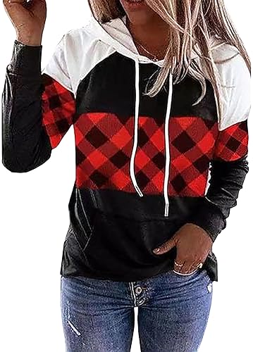 Merry Christmas Buffalo Plaid Leopard Tree Hoodie Shirt Women Christmas Color Block Plaid Long Sleeve T-Shirt Tops