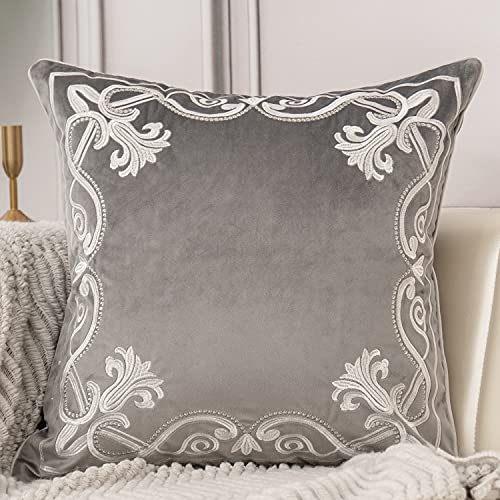 Aeckself 18 X 18 Inch European Cushion Cover Luxury Velvet Home Decorative Embroidered Floral Pillow Case Pillowcase For Sofa Chair Bedroom Living Room, Grey And White #TOP10