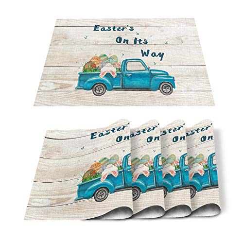 Chic D Easter Farm Truck Indoor Placemat Set Of 6, Bunny Eggs Rustic Wood, Non-Slip Spring Placemats For Kitchen/Dining Table/Bbq/Patio/Parties, 12"X18" Washable Durable Cotton-Linen Table Mats #TOP14