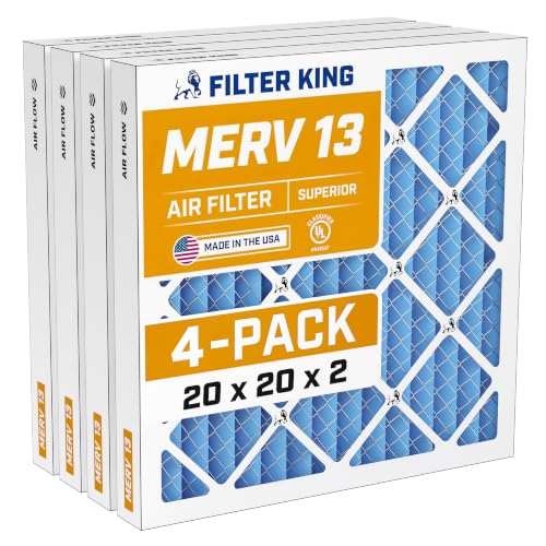 Filter King 20x20x2 Air Filter (MERV 13) (4-Pack) Dust & Allergy Control AC Furnace Filters MADE IN USA HVAC Pleated Electrostatic (Actual Size: 19.5 x 19.5 x 1.75)