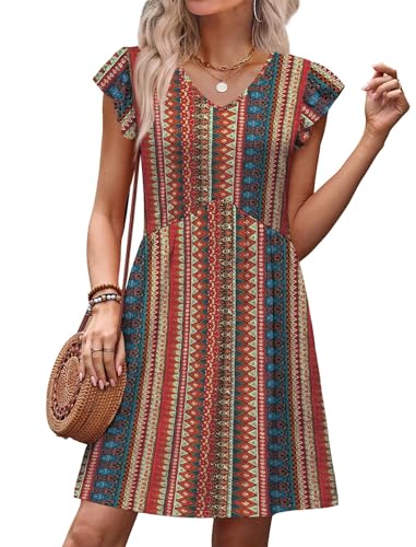 Image of OFEEFAN Summer Dresses for Women Beach Vacation Clothes V Neck Ruffle Sleeve Babydoll Dress Elegant Classy Sundress