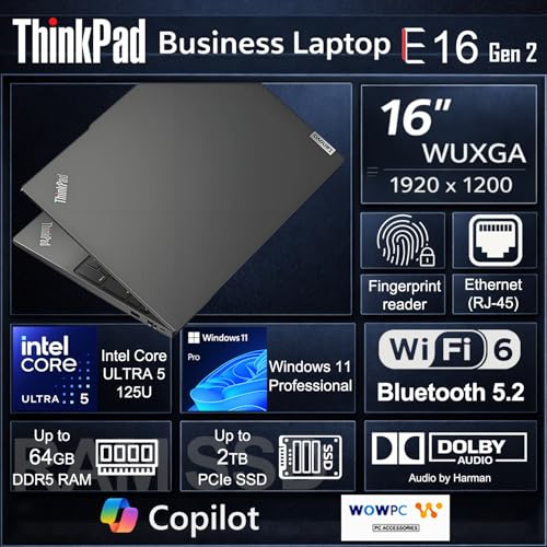 Lenovo ThinkPad E16 Gen 2 Business Laptop, AI Boost Intel Core Ultra 5 125U(Beat i7-1355U), 16" FHD+ IPS Display, 32GB DDR5 RAM, 1TB SSD, Backlit Keyboard, Fingerprint Reader, Win 11 Pro, WOWPC Bundle