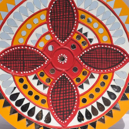 Image of Ethnics of Kutch Traditional Kutch Handicraft Mud-Mirrorwork Lippan Kam Wall Art (Water and Break Resistant) - Round (12 Inch Diameter) - (Yellow LKT-0275)