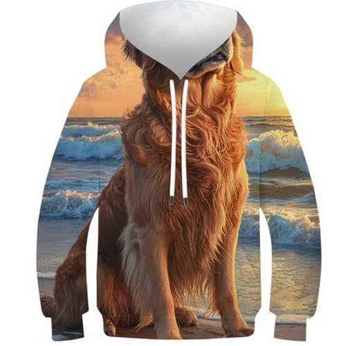 Sweat à capuche motif chien coucher de soleil imprimé 3D réaliste ado 12-14 ans avec poches