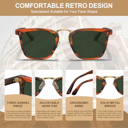 CARFIA Square Acetate Polarized Sunglasses for Men UV Protection Retro Style CA51074