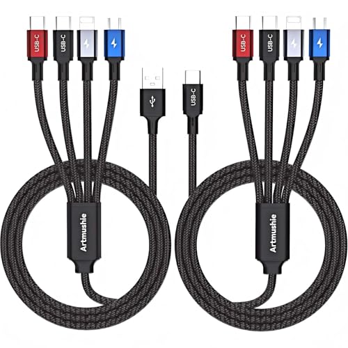 Artmushie 4-in-1 Multi Charging Cable [2-Pack, 6.6ft] – USB-C to USB-C, Lighting & Micro USB with Dual USB-C,Charger Cord for iPhone 14/15/16/17, Android Phones & Tablets (USB A+USB C, Black, 6.6Ft)