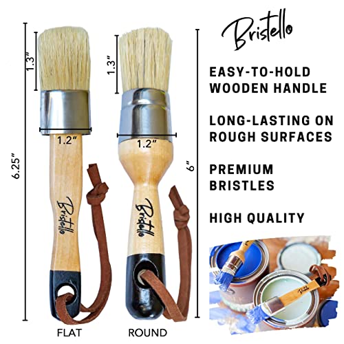 Bristello Chalk & Wax Paint Brush Set. 1X Flat Furniture Paint Brush And 1X Round Chalk Brushes For Furniture. 1” Small Paint Brush Duo – Stencil Brush, Milk Paint And Wax Paintbrush #TOP3