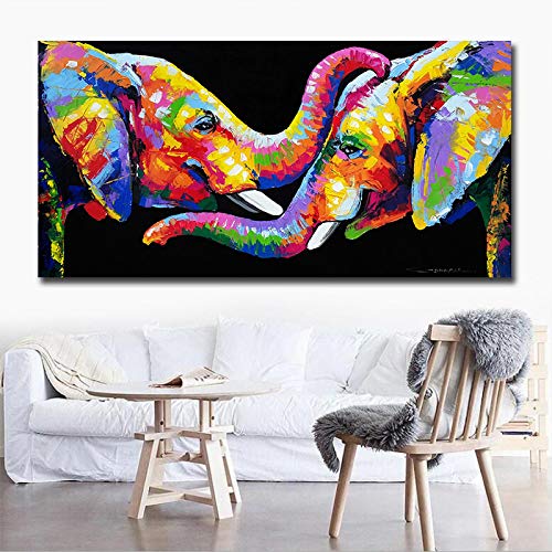 HONGC Peintures d'éléphants colorées sur Toile Affiches d'art Mural et Impressions Couple éléphants peintures Photos pour Salon décor 50x100 cm avec Cadre