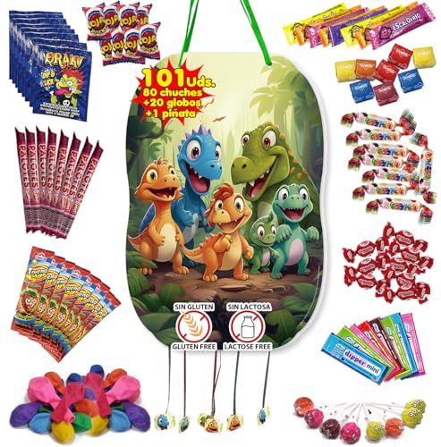 TROOKEE - Piñata Cumpleaños Infantil de Dinosaurio con Chuches - Piñata Grande de Dinosaurios, Relleno de Chucherias y Globos Para Niños y Niñas, 46x30cm - Decoracion Cumpleaños, Comuniones, Fiestas