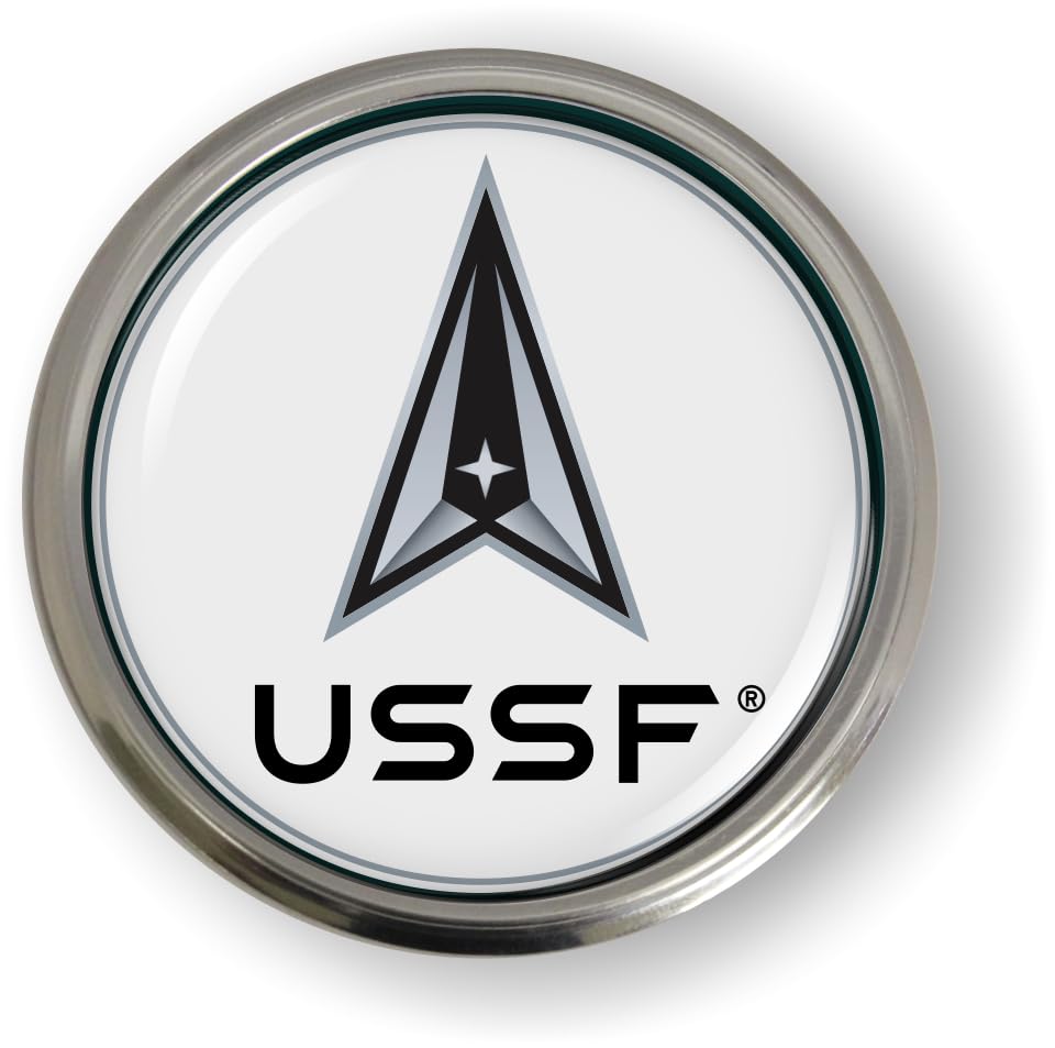 Image of The Space Force Delta USSF CAR Emblem Badge Sticker Aluminum Bezel | Official USAF and USSF Licensed Product, 3D Domed, Semi-Flexible, made by BestLicensePlateFrames