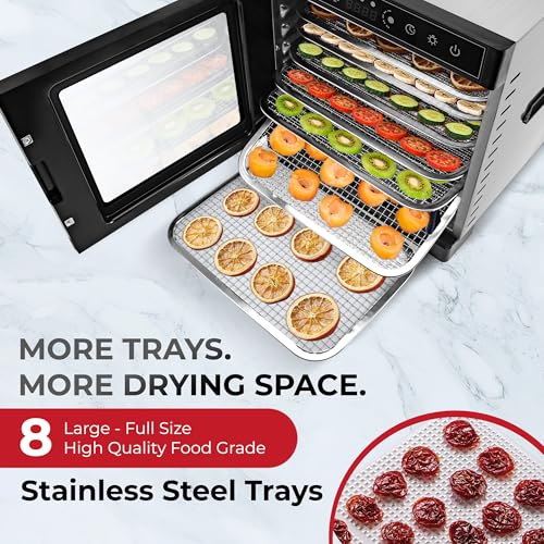 Image of Rosewill Food Dehydrator | Powerful 400W Rear Fan Even-Drying System | 8 Full-Size Stainless Steel Trays | 95-195 Temperature Control, 48H Timer, Keep Warm + Auto Shutoff | Jerky, Herbs, Meat