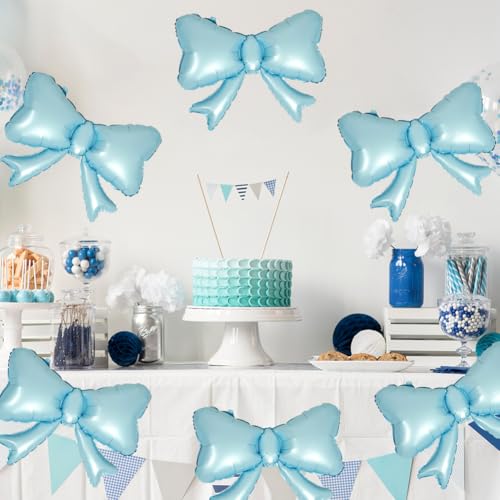 Image of 6 Pieces Bow Balloons, Blue Matte Metallic Foil Bowtie Balloon, Big Macaron Blue Bow Balloons for Bow Theme Happy Birthday Party, Baby Shower, Gender Reveal Party, Balloon Garland Accessories
