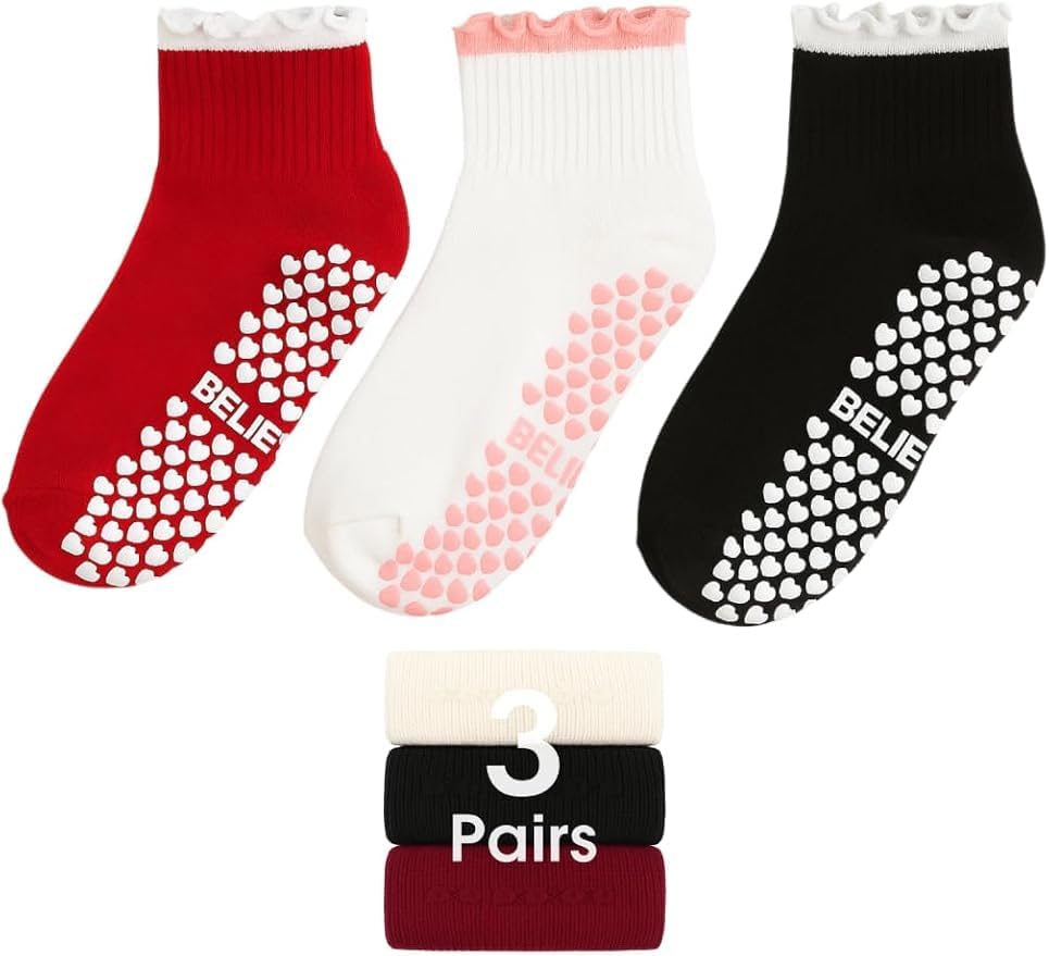 3 Pairs Cute Women’s Pilates Socks with Non-Slip Heart Grips – Ruffle Top, Ribbon Bow & Stretch Cotton Soft Breathable – Anti-Skid Yoga, Barre, Ballet, Dance, and Home Workout Socks - Image 7