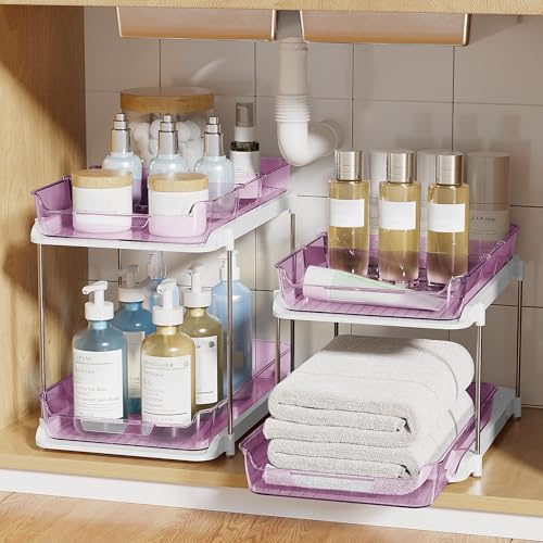 Image of Delamu 2-Tier Multi-Purpose Bathroom Under Sink Organizers and Storage, Stackable Kitchen Pantry Organization, Pull Out Medicine Cabinet Organizer with Movable Dividers, Purple, 2 Pack