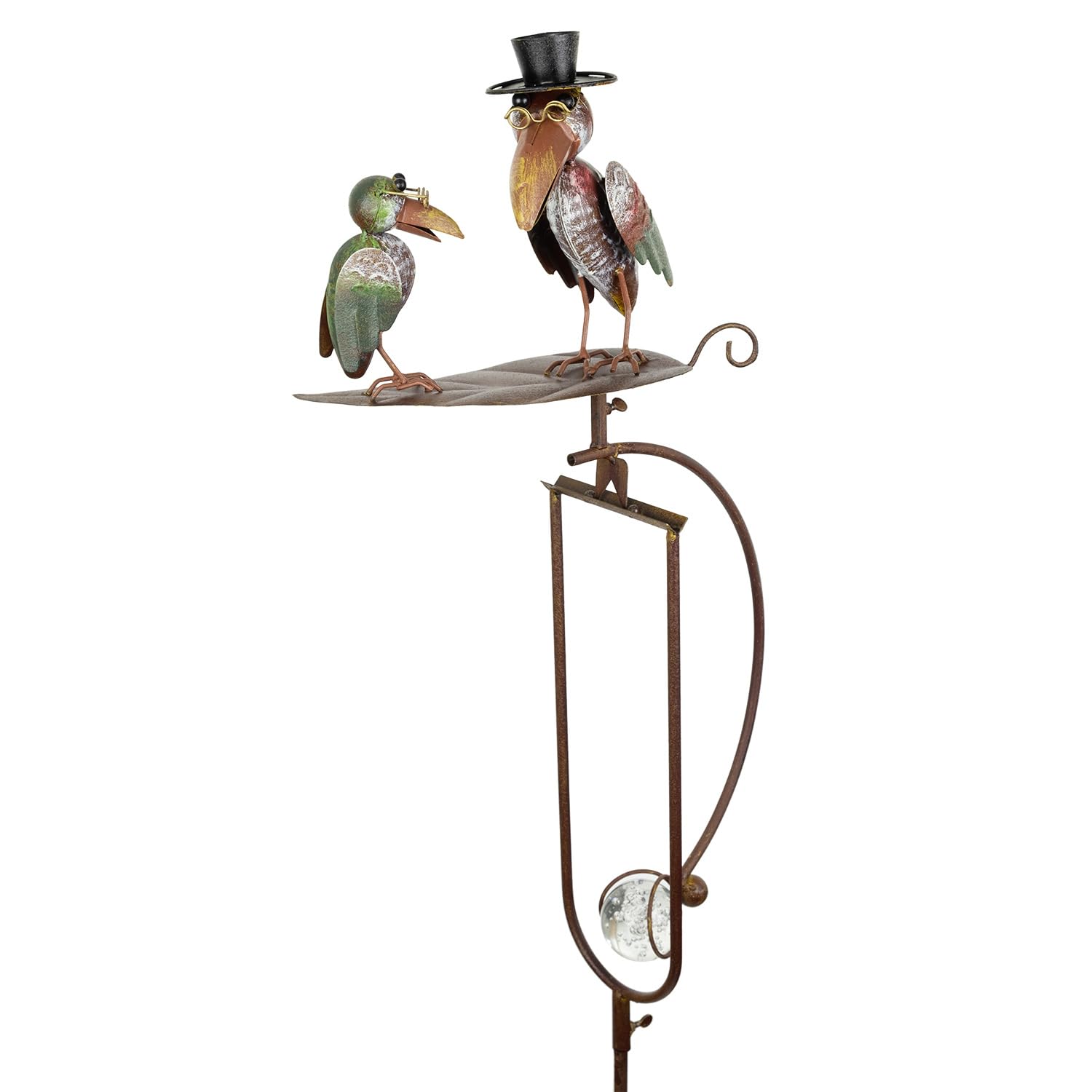 Piquet de jardin décoratif en métal - 150 cm de haut - 2 oiseaux amusants avec cylindre et lunettes sur cadre pendulaire - Résistant aux intempéries - Figurine de décoration de jardin mobile avec