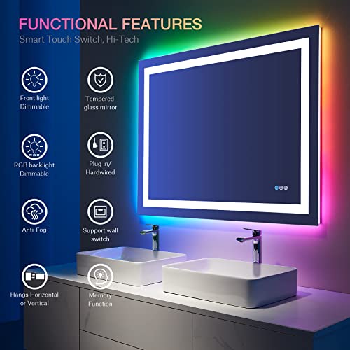 Loaao 48"X36" Led Bathroom Mirror With Lights, Anti-Fog, Dimmable, Rgb Backlit + Front Lighted, Bathroom Vanity Mirror For Wall, Memory Function #TOP6