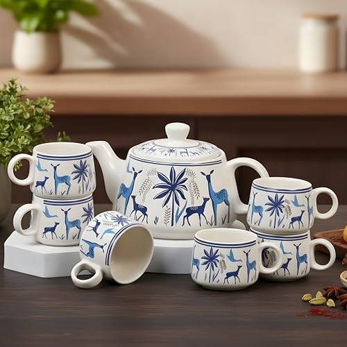 Image of CRAF10 Handcrafted Ceramic Blue Stag Teapot Cup Set - 1 Kettle (1 Litre) & 6 Cups (160 ML), Microwave & Dishwasher Safe | Morning Set | Tea Sets with Kettle for Gifting