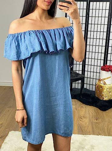 Image of Women's Blue Jean Dress Off Shoulder Ruffle Short Sleeve Loose Denim Mini Dress with Pocket