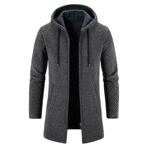 KUDORO Strickjacke Herren Cardigan Lang Trachtenjacke Kapuze mit Kapuze Gestrickt Pullover Hoodie Wintermantel Winterjacke Fleecejacke Sweatjacke Feinstrick(Dunkelgrau1,XL)