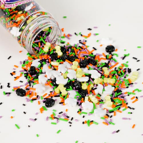 Halloween Streusel 120g - Essbare Zuckerstreusel Deko mit Totenköpfen, Fledermäusen, Geistern & Streuseln in Orange, Lila, Schwarz, Grün - Für Kekse, Cupcakes, Torten - Backdekoration Partyzubehör