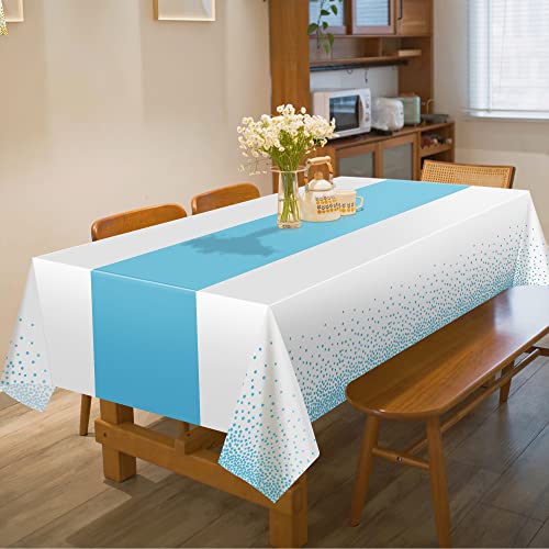 Image of OHOME 4 Pack Disposable Plastic Table Cloths for Parties,White and Light Blue Rectangle Table Covers for Birthday Baptism Decorations - Baby Shower Decorations Boy | Baby Shower Favors 54 inch x 108 inch