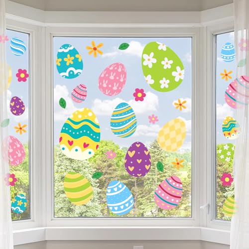 Tuzuaol Extra Large Easter Window Clings Decorations for Glass Windows, 53pcs Removable PVC Multicolor Easter Eggs Window Decals Stickers