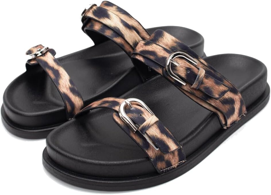 Women's Double Buckle Flat Slide Sandals Comfortable Wide Width Open Toe Flat Sandals Slip on Summer Casual Resort Beach Sandal Shoes