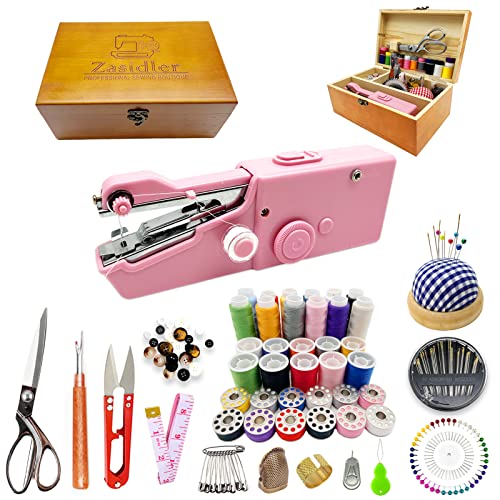 Handheld Sewing Machine with Elegant Wooden Sewing Box and 153-Piece Sewing Kit, Mini Portable Cordless Hand held Sewing Machine, Perfect for Adults, Beginners, and Quick Home Repairs