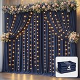 Picture of 20 x 10ft Navy Blue Backdrop Curtains with Lights String Wrinkle Free Polyester Photo Backdrop Drapes Soft Fabric Curtains for Graduation Birthday Parties Wedding Shower Reception Events-10 x 5ft x 4P