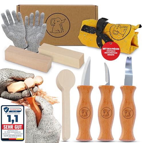 Eli - Eli® Kit de Sculpture pour Enfants dès 6 Ans – Couteau à sculpter de Haute qualité pour Enfants avec Gants Anti-Coupure Inclus – Couteau de Sculpture pour Enfants (avec Bois à sculpter)