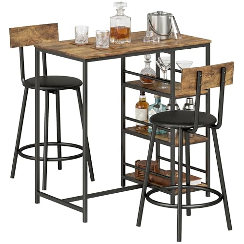 Image of HOMCOM 3 Piece Breakfast Bar Table Set, Space Saving Bar Table and PU Leather Stools for 2, Dining Table Set with Storage Shelves, Rustic Brown