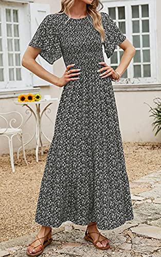 Image of PRETTYGARDEN Women's 2026 Summer Casual Flutter Short Sleeve Boho Floral Maxi Dress Crew Neck Smocked Tiered Long Dresses