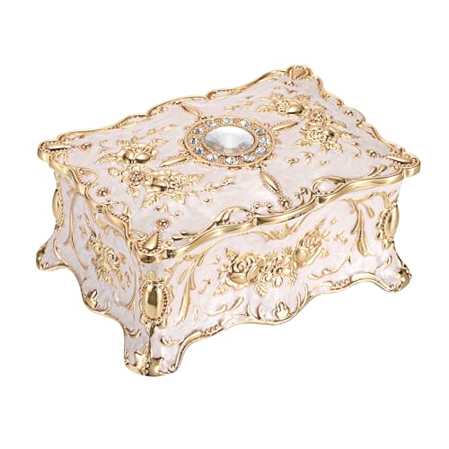 IGNPION Vintage Jewellery Box Jewelry Display Case for Ring Necklaces Earrings Trinket Storage Organizer Case Antique Silver Mini Keepsake Box (Beige, Small)
