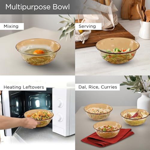 Image of The Better Home Set of 2 Borosilicate Glass Bowls | 1900 ml Each | Microwave Safe | Scratch Resistant | Serving & Mixing Bowls for Kitchen | Round | Transparent | Amber
