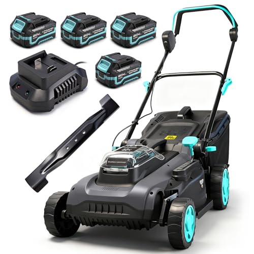 BLUEMARS 40V Cordless Lawn Mower with 4x 20V 4.0Ah Batteries & 2x Charger, 400mm Cutting Width, Brushless Motor, 6 Height Adjustment 25-75mm, 40L Grass Bag, Rear Roller for Striped Finish