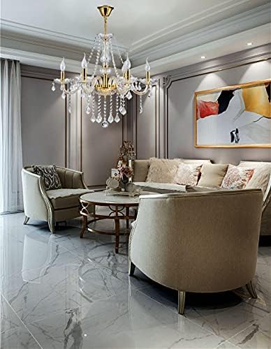 Am - Light Crystal 6 arms Vintage Chandelier Lights Ceiling Light, Clear K9 Crystal with Crystal Droplets, Gold Finish Classic Lighting for Living Room, Dining Area and Stairwell (Champagne Gold)