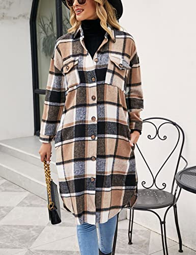 Unilexi Womens Casual Long Plaid Shirt Jacket Loose Lapel Collar Long Sleeve Flannel Cardigan Shacket(0150-Khaki-Xs) #TOP3