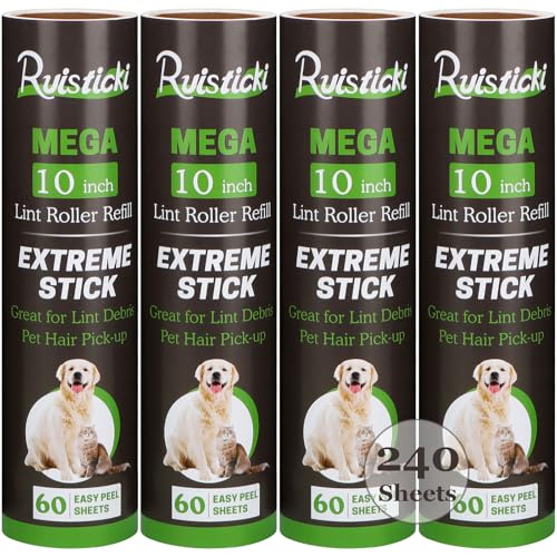 10 inch Lint Roller Refill Compatible with Large Mega 10 in Wide Lint Rollers Pack of 4 Refills 60 Sheets per Refill Total 240 Extreme Stick Sheets