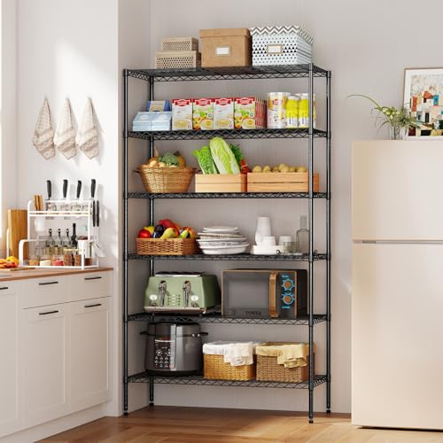 Image of BestOffice | 6-Tier Wire Storage Shelves with Wheels | 18x45x82 | Black | Adjustable Racks | Heavy-Duty Metal Shelf, Holds Upto 2100 lbs | No-Tool Assembly | Ideal for Home & Garage Shelving