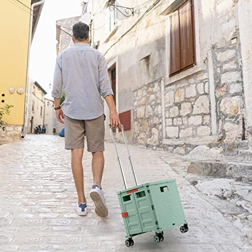 GiantexUK 55L Folding Shopping Trolley, Utility Boot Cart with Wheels & Telescopic Handle, Supermarket Grocery Rolling Crate Box (Green)
