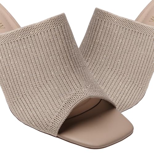 Image of Tilocow Knit Heeled Sandals for Women Square Open Toe Heeled Mules Chunky Block Low Heel Slip On Slides