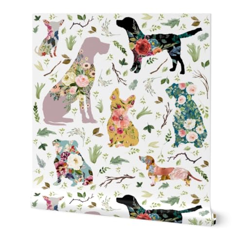 Peel & Stick Wallpaper Swatch - Patchwork Dogs Blue Yellow Floral Animals Baby Girls Silhouette Custom Removable Wallpaper by Spoonflower