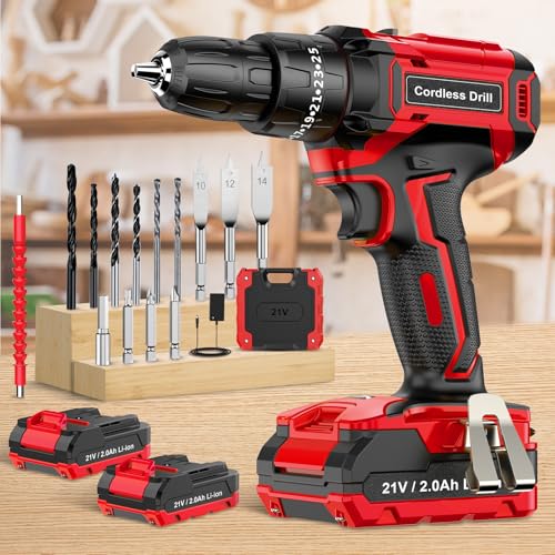 Taladro Percutor a Bateria 21V, Taladro Atornillador Bateria con 2 * 2.0Ah Baterías, Atornillador Electrico 42Nm, 25 * 3 Ajuste de Par, 14 Accesorios, 2 Velocidad, LED Luz Para Hogar, Bricolaje