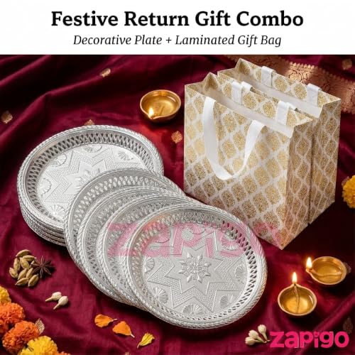 Image of Habba Silver Decorative Plate with Laminated Carry Bag, 7 Inch Pooja Thali, Traditional Return Gift for Diwali, Navratri, Wedding, Housewarming, Baby Shower, Festivals - Pack of 5