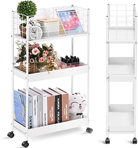 KINGRACK 3-Tier Metal Rolling Utility Cart with Wheels,Slim Storage Cart,Slide Out Storage Cart, Skinny Storage Rolling Cart,Storage Trolley Cart for Office Kitchen Bathroom Narrow Place,White